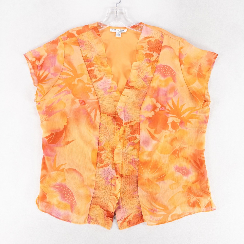 Coldwater Creek Womens Blouse XL Orange Floral Smocked Ruffle V-Neck Chiffon Top